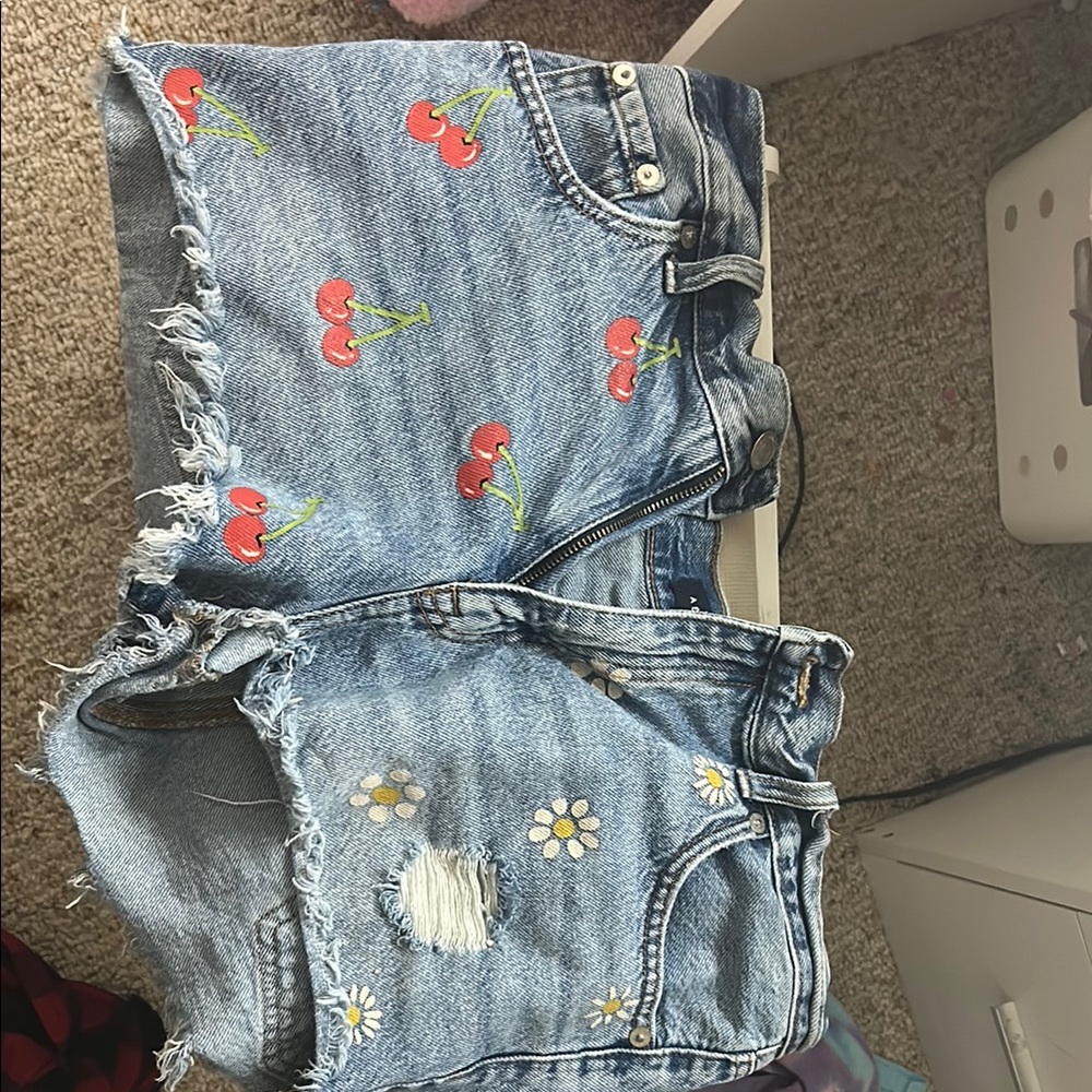 Aeropostale High Rise Denim Shorts with Cherry and Daisy Embroidery